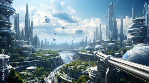 a futuristic city skyline, filled with skyscrapers, flying vehicles, and advanced technology (1)