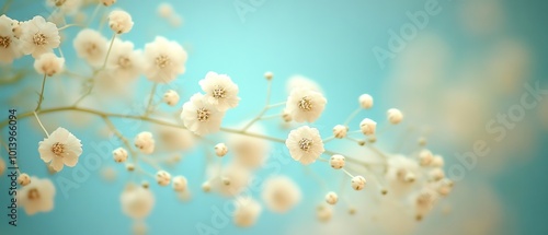 Delicate white flowers on a gentle blue background create a serene and tranquil atmosphere for any design or project.