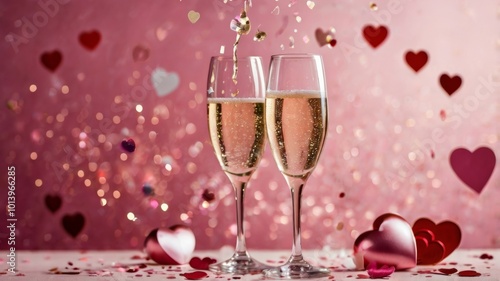 Champagne glasses touching for valentine's day toast with falling confetti