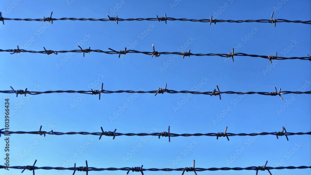 A barbed wire fence stretches against a vibrant blue sky