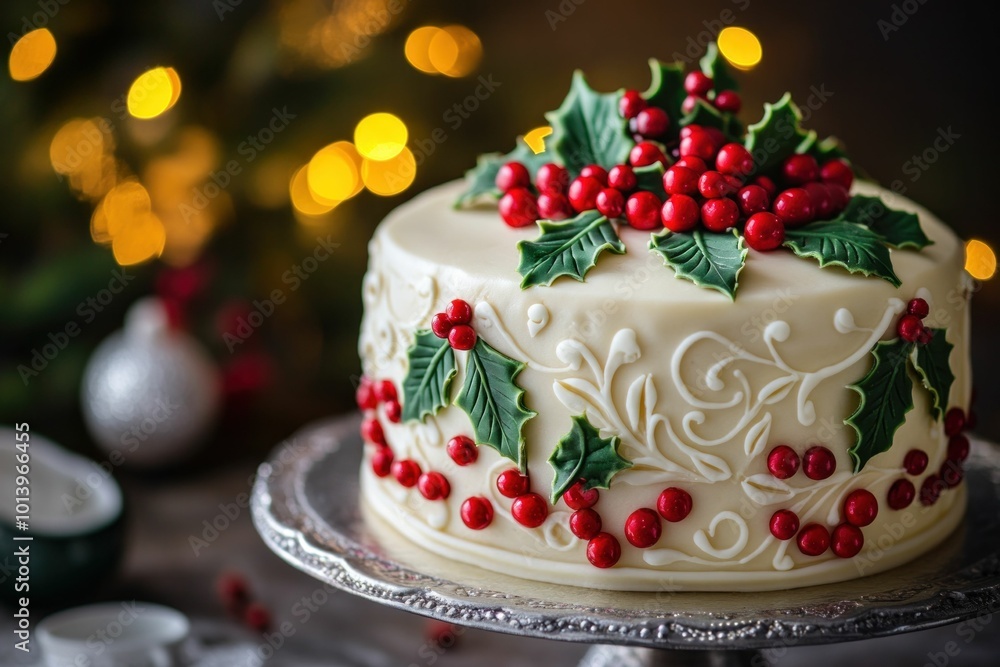 Christmas cake decorated with holly and red berries on a silver platter, festive background with warm bokeh lights Perfect for holiday celebrations and winter events Christmas cake decorated with holly and red berries on a silver platter, festive background with warm bokeh lights Perfect for holiday celebrations and winter events