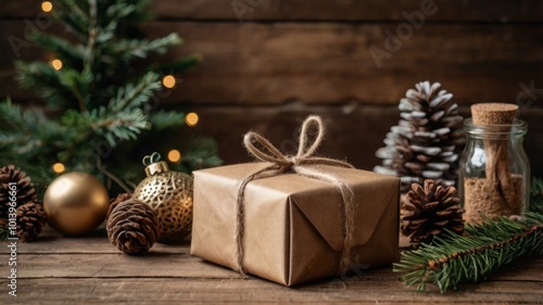 Christmas gift wrapped in brown paper lying under christmas tree with ornaments