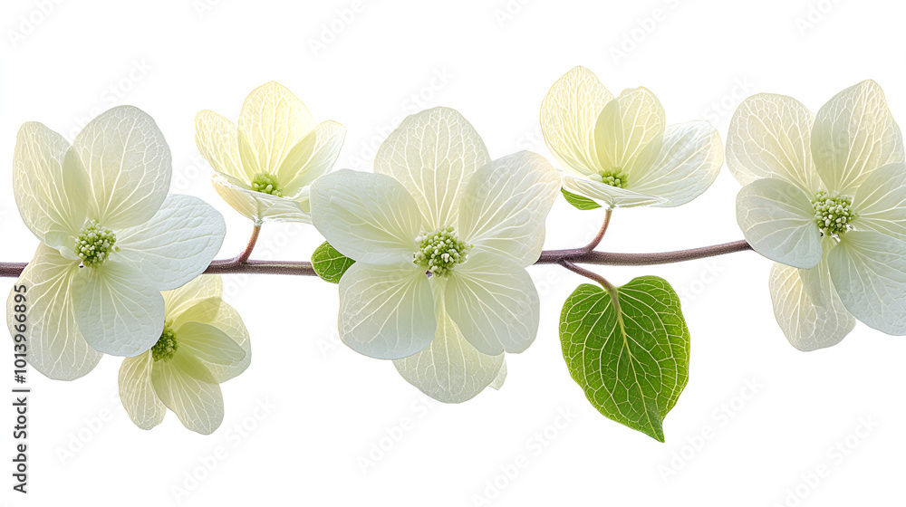Naklejka premium Delicate white dogwood flowers blooming on a branch in springtime against a bright background