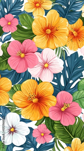 Colorful tropical flowers and leaves seamless pattern.