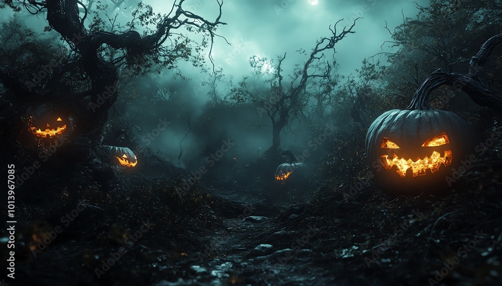 Naklejka premium Glowing Jacko lanterns in a dark, eerie forest, surrounded by twisted vines, moody lighting