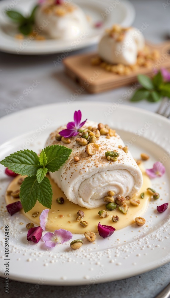 Elegant meringue roll with creamy filling, decorated with nuts and flowers on a decorative plate Elegant meringue roll with creamy filling, decorated with nuts and flowers on a decorative plate