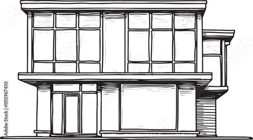 a black and white line drawing of a modern building. The building appears to be a two-story structure with a flat roof and large windows on the second floor