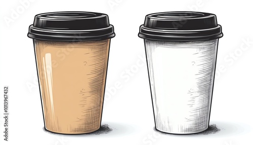 Two coffee cups, one brown and one white, showcasing an artistic illustration perfect for beverage-related themes.