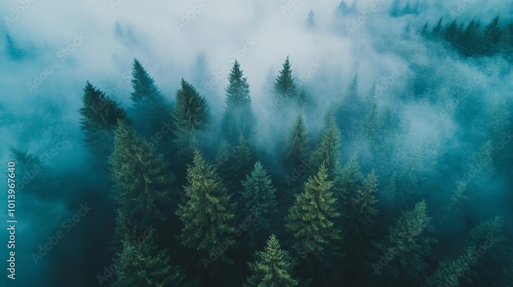 Aerial perspective of a coniferous forest enveloped in mystical morning fog at dawn Aerial perspective of a coniferous forest enveloped in mystical morning fog at dawn