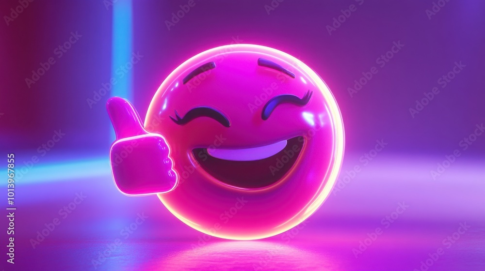An emoji confidently smiling while giving a thumbs-up, glowing in neon pink and purple, expressing a sense of awe and surprise. An emoji confidently smiling while giving a thumbs-up, glowing in neon pink and purple, expressing a sense of awe and surprise.