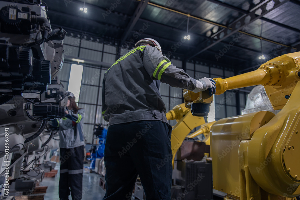 Engineer standing by robotic arm and operating machine in industry factory, technician worker check for repair maintenance electronic operation Engineer standing by robotic arm and operating machine in industry factory, technician worker check for repair maintenance electronic operation