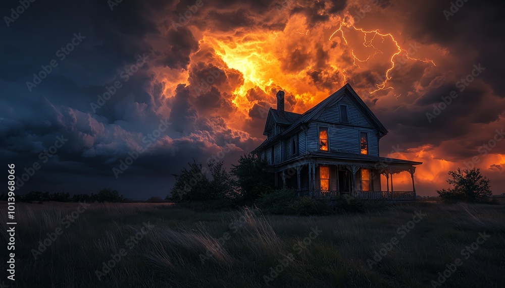 Eerie old house with glowing windows under a dramatic, stormy sky lit up by lightning, creating a spooky, atmospheric scene. Eerie old house with glowing windows under a dramatic, stormy sky lit up by lightning, creating a spooky, atmospheric scene.