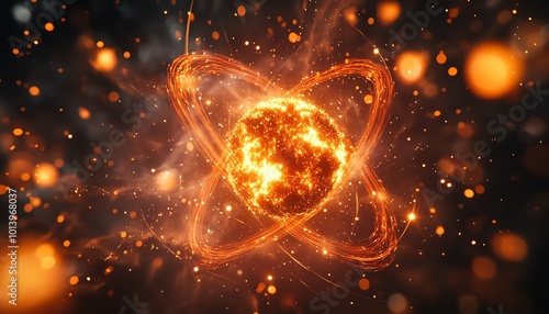Nuclear fission reaction in progress, with atoms splitting and releasing vast amounts of energy in a simulation