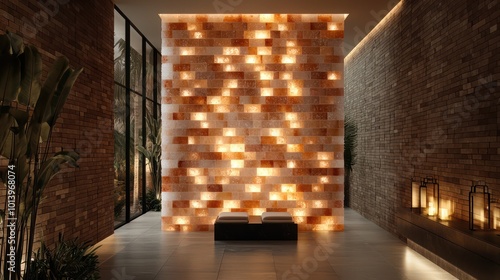 A luxury spa lobby with walls made from Himalayan salt bricks, softly backlit to create a calming, ambient environment