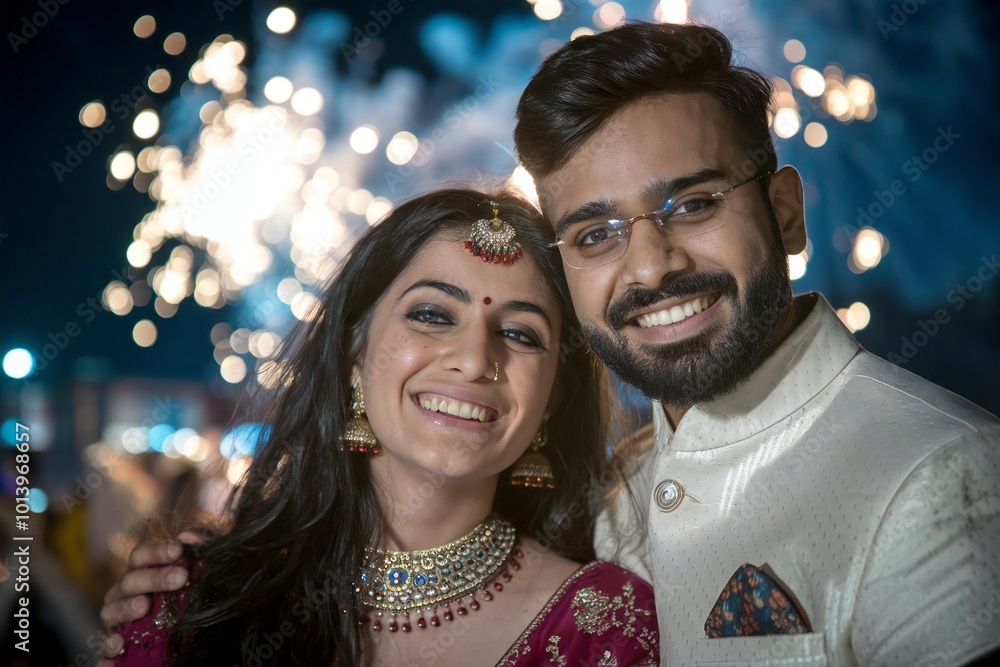 Happy indian couple celebrating diwali with sparklers and fireworks Happy indian couple celebrating diwali with sparklers and fireworks