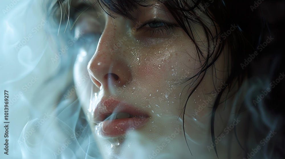 Close-Up Portrait of a Woman with Smoke and Water Drops Close-Up Portrait of a Woman with Smoke and Water Drops
