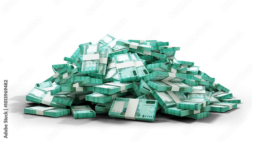 Fototapeta premium 3D Stack of Somali shilling notes isolated on transparent background. Somalia currency