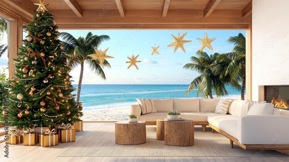 Fototapeta premium A beachside living room decorated with a Christmas tree, featuring palm trees and a serene ocean view in a warm, inviting atmosphere.