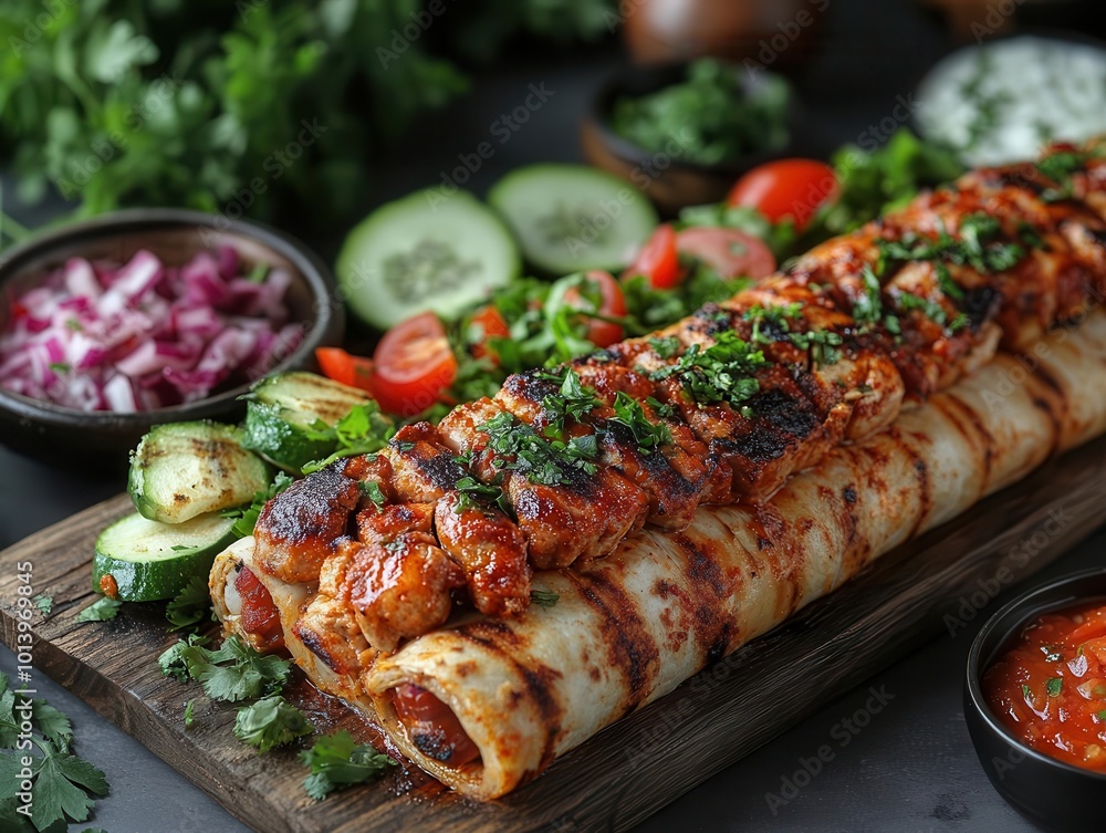 appetizing shawarma presented on a rustic wooden board garnished with fresh veggies and flavorful sauces creating a vibrant and mouthwatering dining experience appetizing shawarma presented on a rustic wooden board garnished with fresh veggies and flavorful sauces creating a vibrant and mouthwatering dining experience