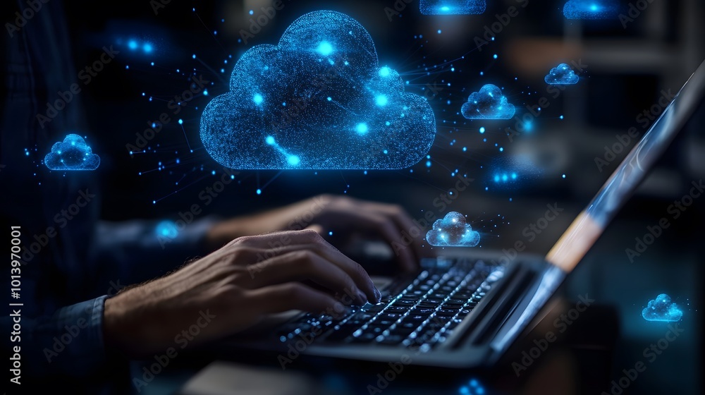 A focused man is typing on a laptop, surrounded by an artistic illustration of cloud computing elements A focused man is typing on a laptop, surrounded by an artistic illustration of cloud computing elements