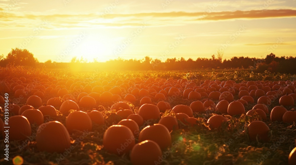 Obraz premium pumpkin patch during harvest season,, with a golden sunset, autumn mood