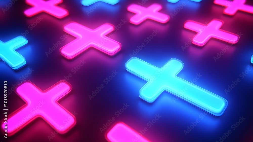 Medical health background with blue cross neon light shapes in a pattern, representing healthcare technology and science Medical health background with blue cross neon light shapes in a pattern, representing healthcare technology and science