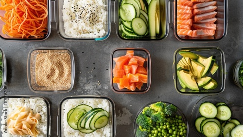 Healthy sushi bento boxes with avocado, salmon, and rice for a deconstructed sushi bowl photo