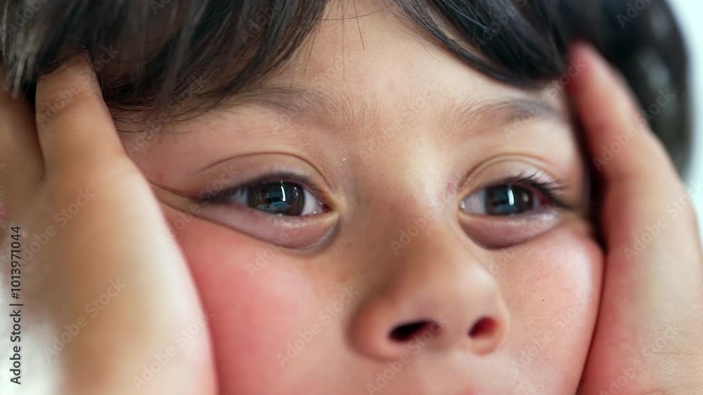 Child pressing face into hands with a distant gaze, lips slightly parted, portraying a sense of wonder and thoughtfulness while sitting quietly, highlighting raw childhood emotion Child pressing face into hands with a distant gaze, lips slightly parted, portraying a sense of wonder and thoughtfulness while sitting quietly, highlighting raw childhood emotion