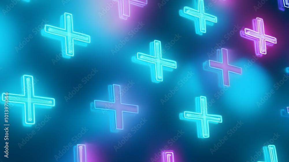 Medical health background with blue cross neon light shapes in a pattern, representing healthcare technology and science Medical health background with blue cross neon light shapes in a pattern, representing healthcare technology and science