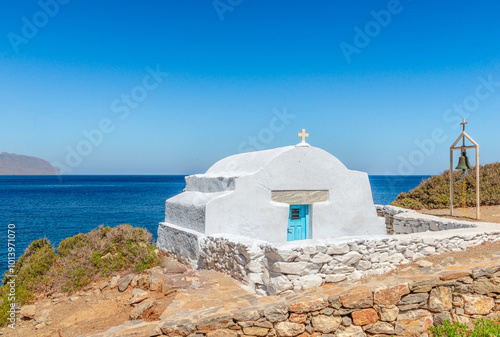 The chapel of Agia Anna, on the famous homonymous beach, since scenes the film 'The Big Blue' were shot there. In Amorgos Island, Cyclades, Greece. photo