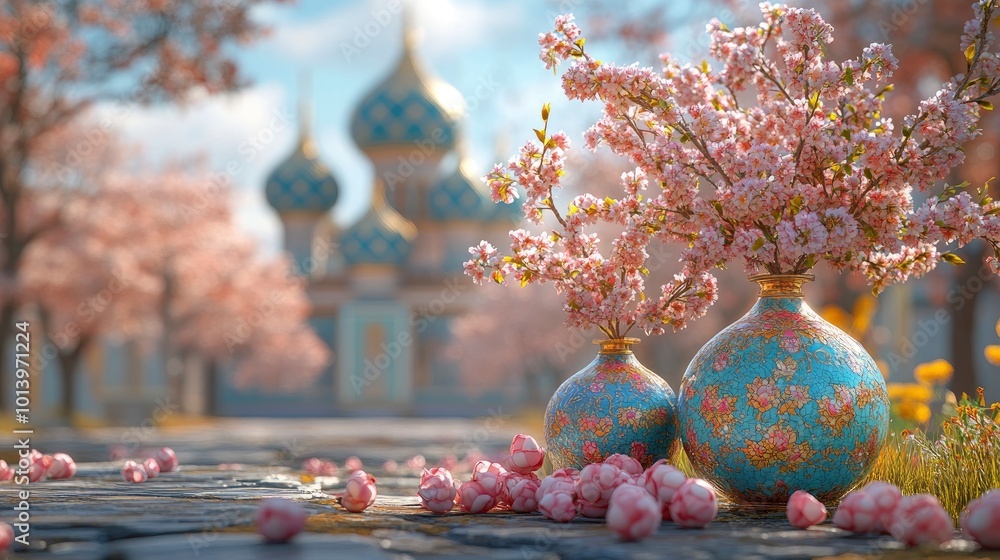 Ornate Vases with Cherry Blossoms and a Russian Church in the Background Ornate Vases with Cherry Blossoms and a Russian Church in the Background