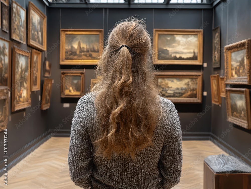 back view of an adult woman admiring paintings in a historic museum gallery surrounded by art and culture evoking a sense of appreciation and contemplation in a refined setting back view of an adult woman admiring paintings in a historic museum gallery surrounded by art and culture evoking a sense of appreciation and contemplation in a refined setting