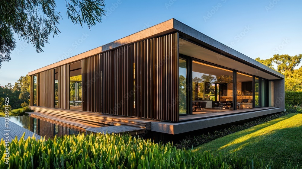 A modern villa with an exterior of vertical louvers that adjust automatically for sunlight and privacy, blending seamlessly with the surrounding landscape A modern villa with an exterior of vertical louvers that adjust automatically for sunlight and privacy, blending seamlessly with the surrounding landscape