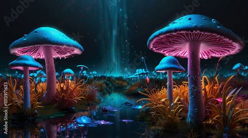 Fantasy Landscape with Glowing Mushrooms and Surreal Sun