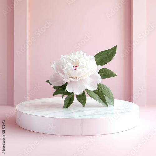 White peony flower on white podium with pink background, vector illustrationWhite peony flower on white podium in pink room. 3d render photo