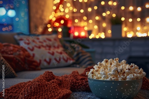 A bowl of popcorn sits on a cozy fabric, surrounded by festive decorations and twinkling lights, perfect for a movie night. Generative AI