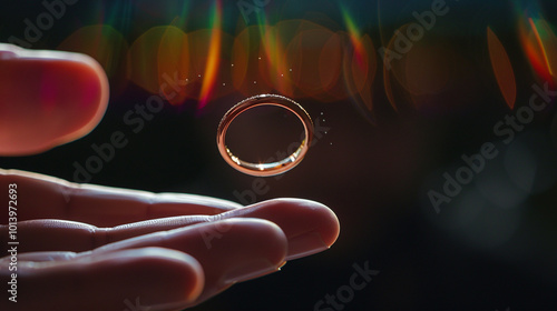 A close shot of a ring suspended mid-air between two fingers, as if being lifted by unseen energy. photo