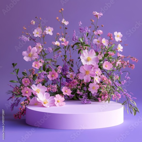 3d render of a round pedestal with flowers on a purple background