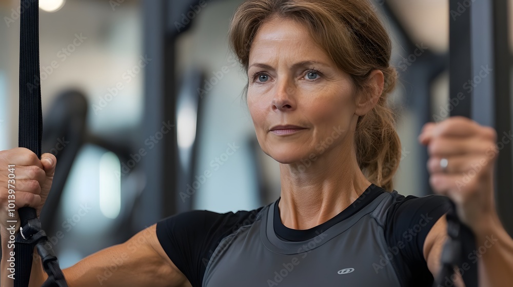 Obraz premium Middle-aged woman working out at the gym, highlighting fitness and health in an active exercise routine