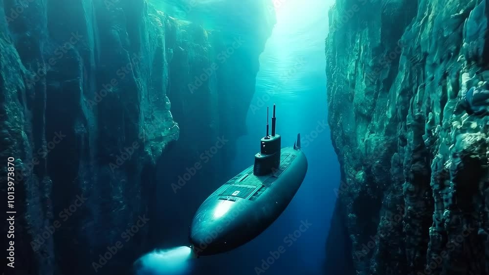 Underwater scene with a military submarine navigating through a deep ...