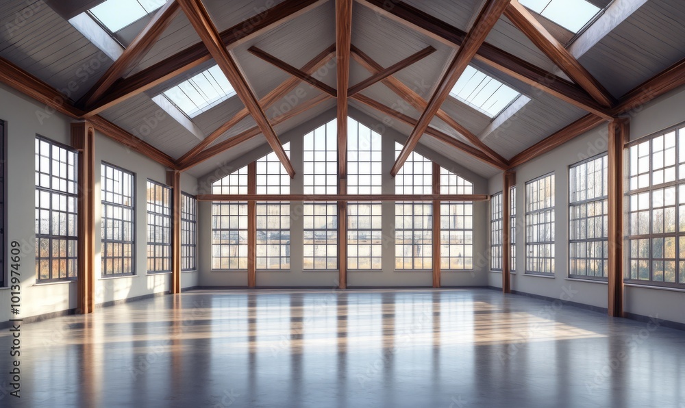 Empty modern loft with large windows and structural beams, emphasizing a spacious and bright interior Empty modern loft with large windows and structural beams, emphasizing a spacious and bright interior
