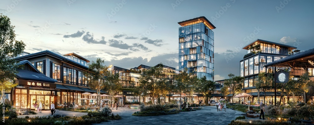 A panoramic view of a mixed-use complex with architecture that incorporates traditional local motifs in a modern glass and steel structure A panoramic view of a mixed-use complex with architecture that incorporates traditional local motifs in a modern glass and steel structure