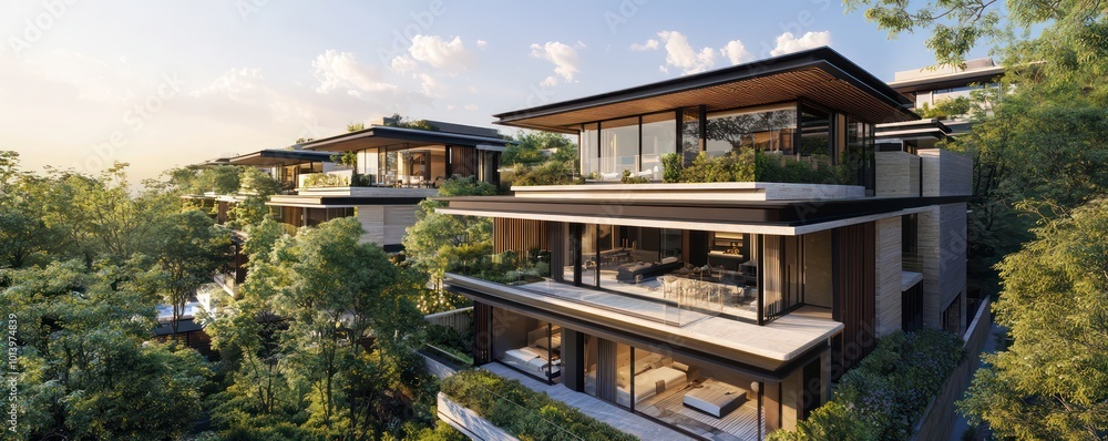 A panoramic view of a series of luxury townhomes with retractable roofs and walls that transform into terraces or extend living spaces outdoors A panoramic view of a series of luxury townhomes with retractable roofs and walls that transform into terraces or extend living spaces outdoors