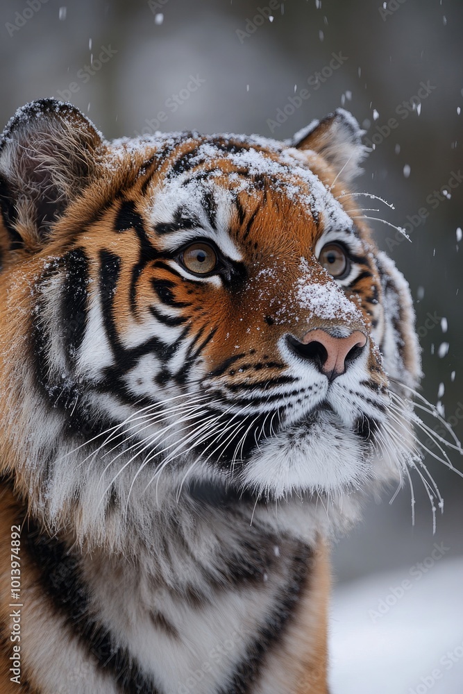 Obraz premium Siberian tiger looking up while snowing in winter
