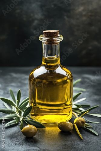 Bottle of extra virgin olive oil with olives and olive branch on dark stone background photo