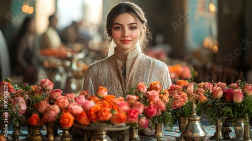 Elegant Woman in a White Dress Surrounded by Roses in an Ornate Setting