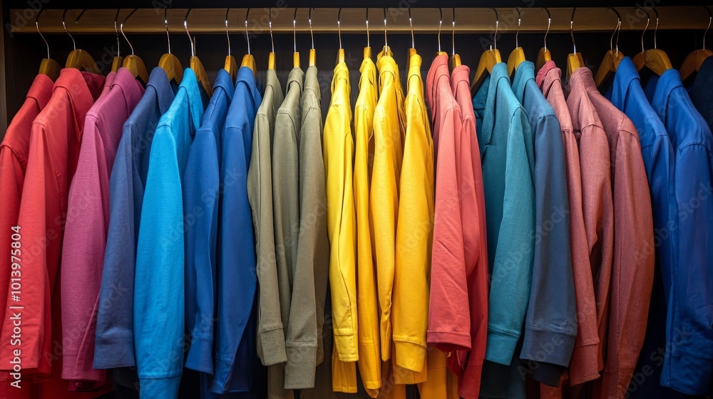A row of colorful shirts hanging on a clothes rack in a closet. A row of colorful shirts hanging on a clothes rack in a closet.