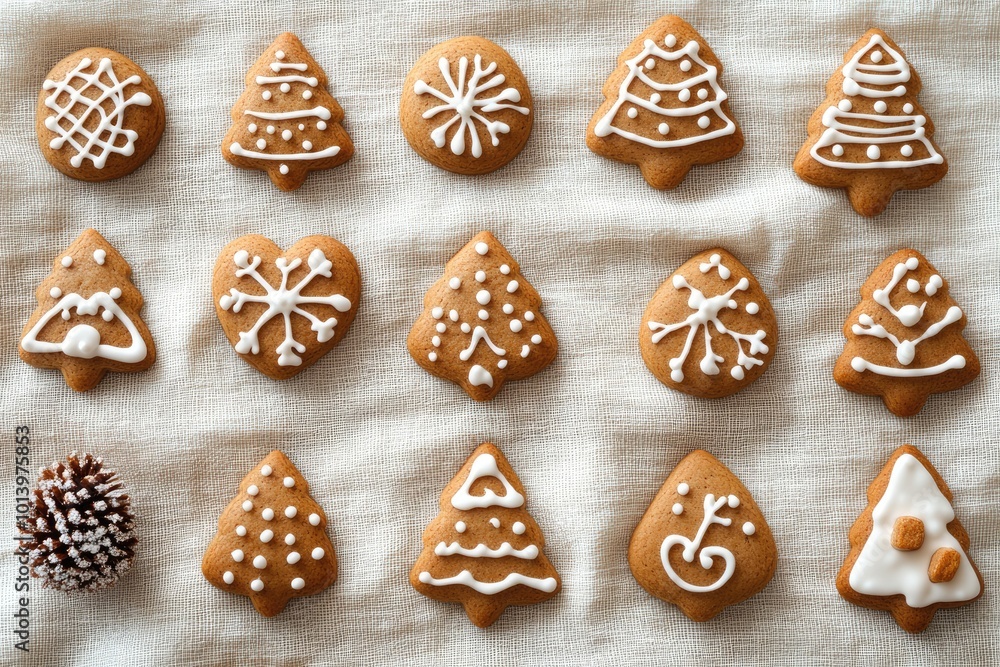 Christmas gingerbread cookies forming various shapes covered in icing on linen cloth Christmas gingerbread cookies forming various shapes covered in icing on linen cloth