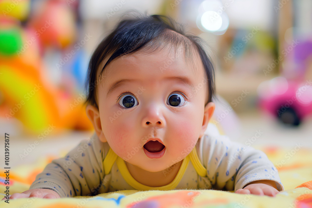 Baby with chubby cheeks and big eyes, lying on their stomach while looking up with a curious expression. Baby with chubby cheeks and big eyes, lying on their stomach while looking up with a curious expression.