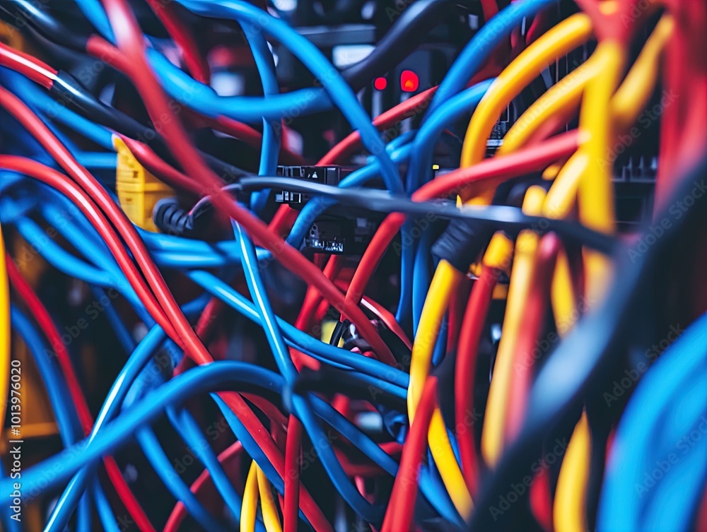 Vibrant Tangle of Colorful Cables: Perfect Wall Art for Tech Enthusiasts and Sports Interiors, Infusing Energy into Your Space with Bold Shades of Red, Blue, Yellow, and Black! Vibrant Tangle of Colorful Cables: Perfect Wall Art for Tech Enthusiasts and Sports Interiors, Infusing Energy into Your Space with Bold Shades of Red, Blue, Yellow, and Black!
